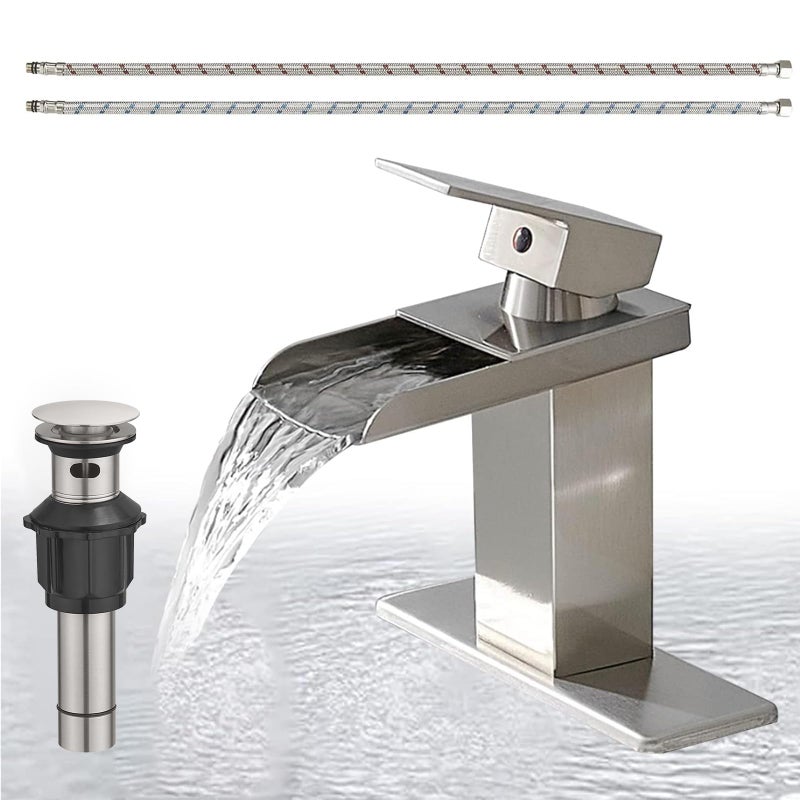 Homevacious Brushed Nickel Bathroom Faucet Waterfall Bathroom Vanity Sink Faucet Single Handle with Pop Up Drain and Deck Plate Modern Single Hole Lavatory Basin Commercial Faucets Mixer Tap - Image 1